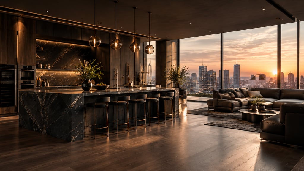 Concept rendering of a dark kitchen: black-veined stone island, smoked-glass pendants and walnut panelling against a city skyline at sunset — a design visualisation, not a completed project