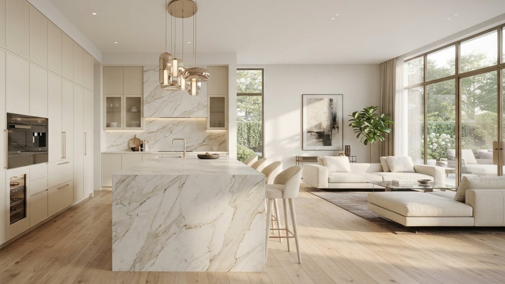 Concept rendering of a light kitchen with fluted cream panels, a Calacatta-style island and backsplash and glass pendants — a design visualisation, not a completed project