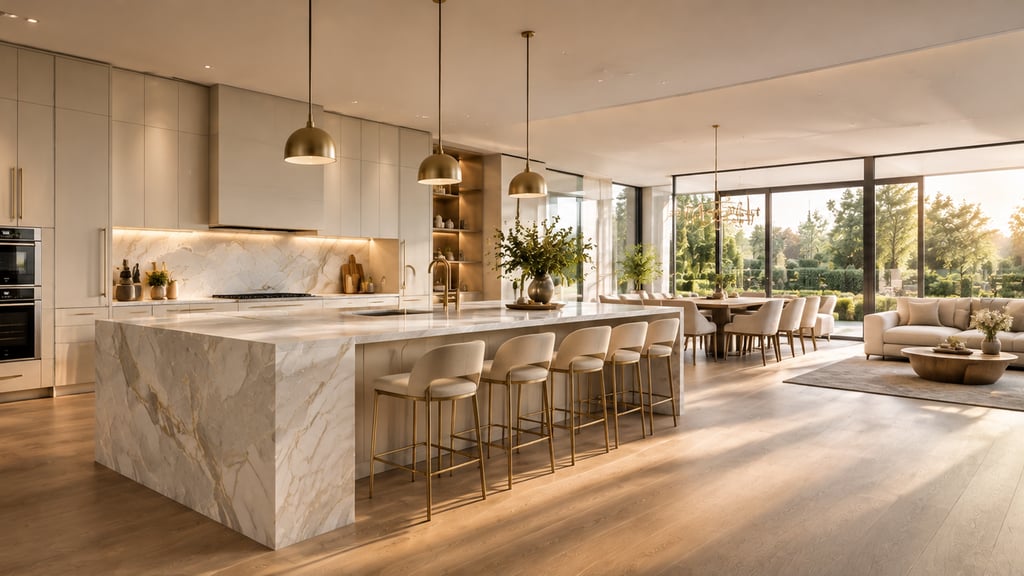 Kitchen renovation Kitchener: concept rendering of a sunlit kitchen with a veined marble waterfall island, brass pendants and full-height cream cabinets — a design visualisation, not a completed project